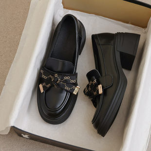 牛皮版~小皮鞋女款2025新款夏季英伦风黑色34码乐福配裙子的鞋子