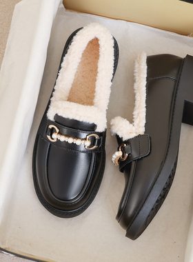 羊皮版~大码41加绒乐福鞋女款秋冬季黑色毛毛英伦厚底棉鞋小皮鞋