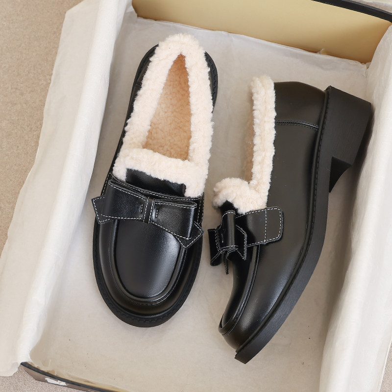 牛皮款~大码41平底乐福鞋女款冬季加绒百搭黑色棉鞋英伦风小皮鞋