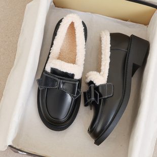 牛皮款~大码41平底乐福鞋女款冬季加绒百搭黑色棉鞋英伦风小皮鞋