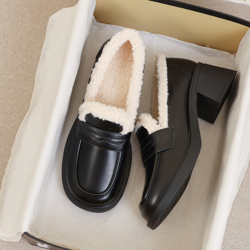 牛皮版~加绒保暖小皮鞋女2025秋冬新款英伦高跟雪地靴棉鞋乐福鞋