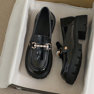 牛皮版~33增高34码厚底乐福鞋女款英伦风小皮鞋一脚蹬黑真皮单鞋