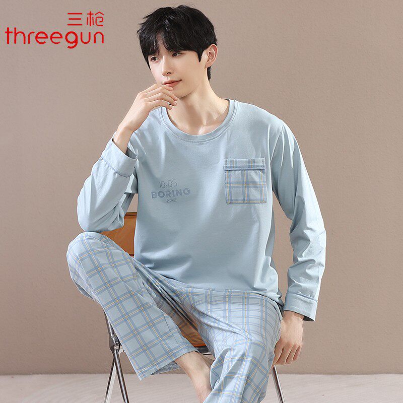 三枪纯棉睡衣男春秋季长袖长裤时尚套头家居服秋天可外穿男式套装