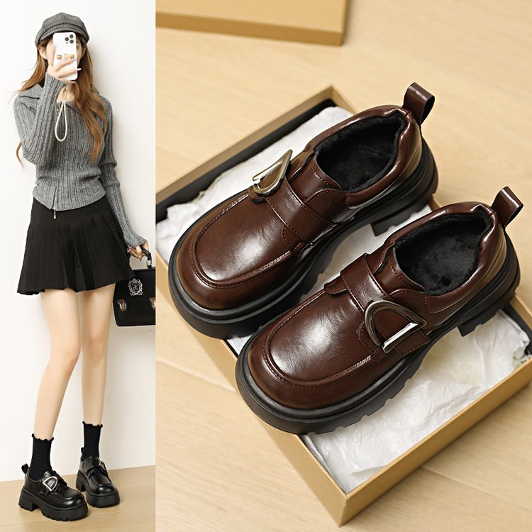 厚底增高加绒英伦风乐福鞋女2025秋冬新款玛丽珍jk小皮鞋棉鞋单鞋