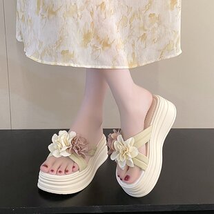 松糕配裙子凉鞋 新款 拖 女外穿一字拖2025年夏季 仙女风花朵厚底拖鞋