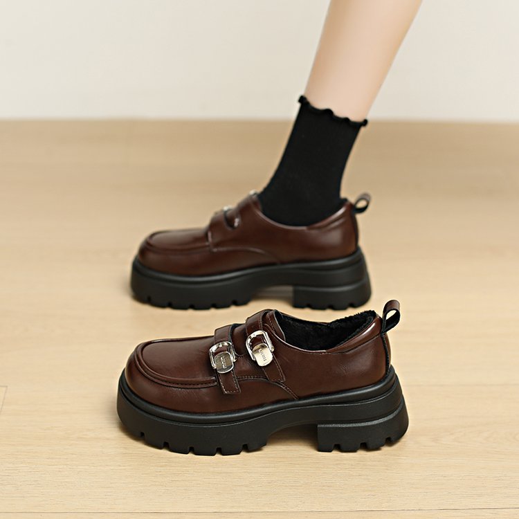 厚底增高小皮鞋女2025秋冬新款配裙子复古百搭英伦风加绒乐福单鞋