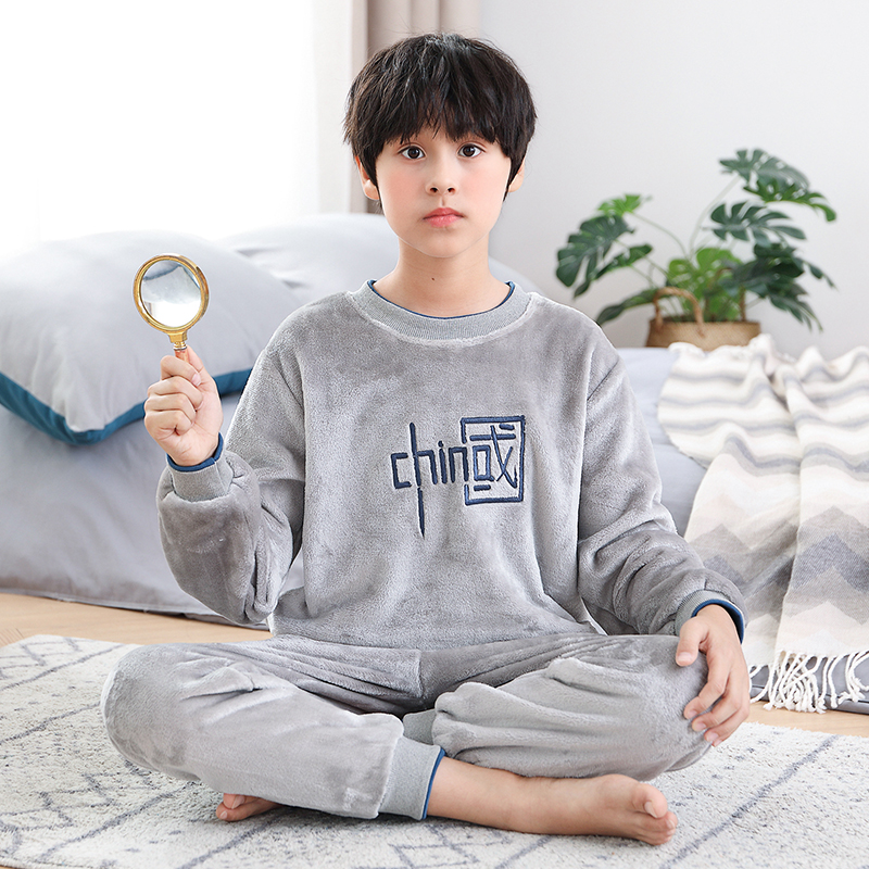 珊瑚绒中大童秋冬保暖睡衣套装