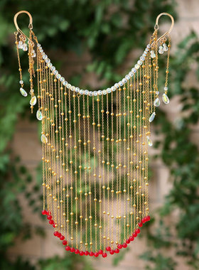 汉服古风遮面帘面纱流苏挂耳古装遮脸饰品全套女发饰步摇超仙头饰