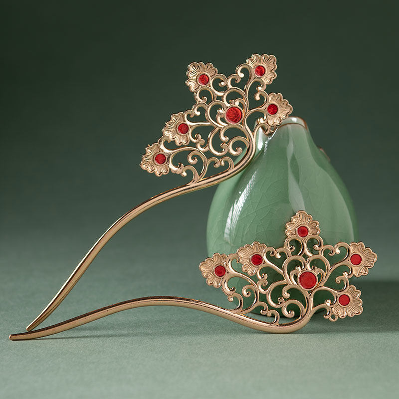 汉服发簪华丽唐风簪子复古宫廷双面对簪古装头饰古风盘发饰品发钗