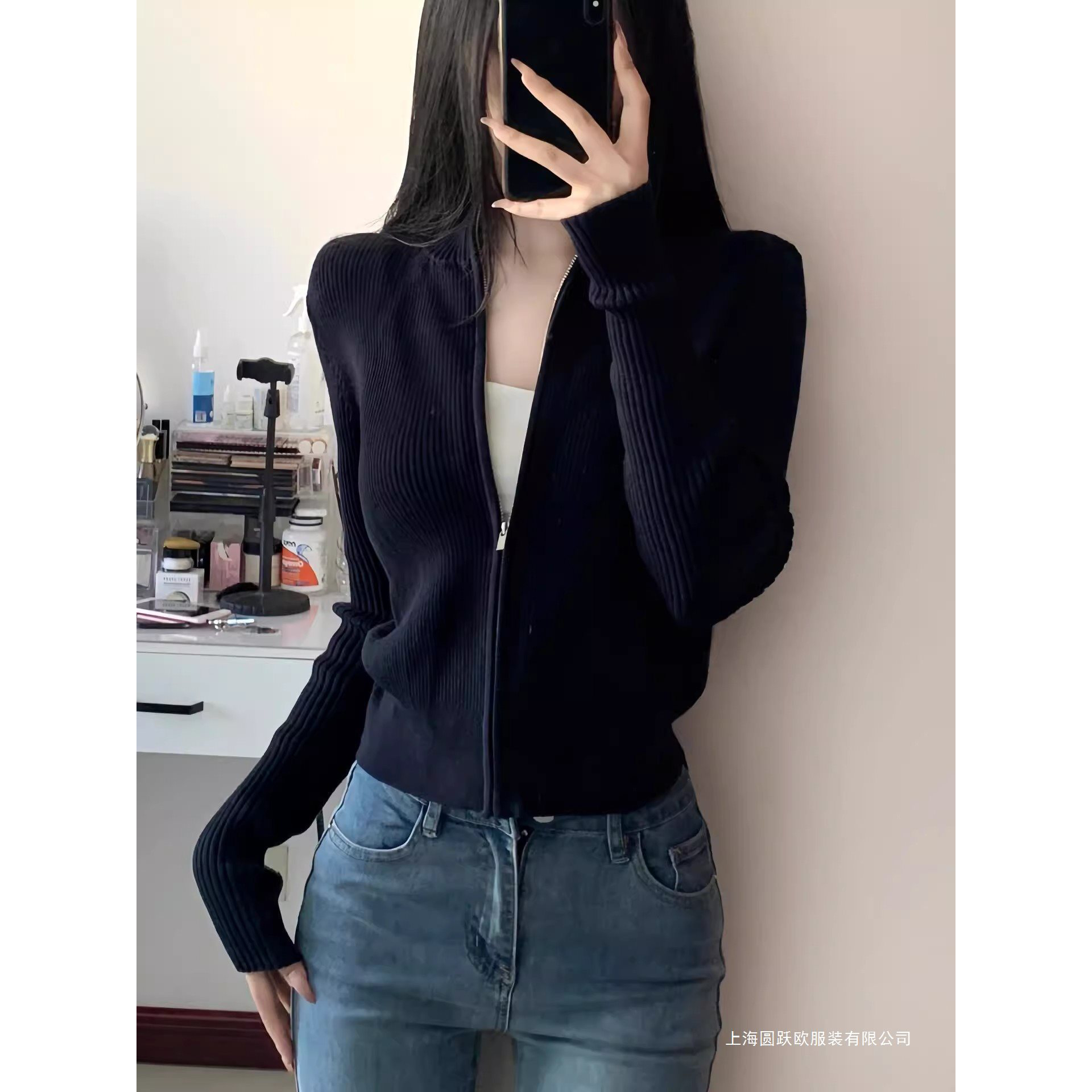 韩版黑色针织开衫外套女长袖2025新款秋冬显瘦拉链打底衫短款上衣