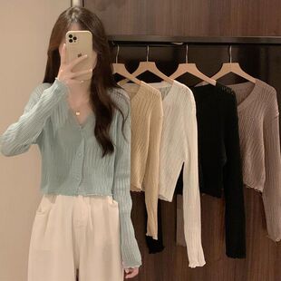 2024年春秋新款 短上衣 防晒冰丝外搭木耳边针织衫 女显瘦高级感开衫