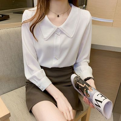 蓝色衬衫雪纺娃娃领上衣长袖春秋款花边洋气减龄衬衣遮肚女士衬衫