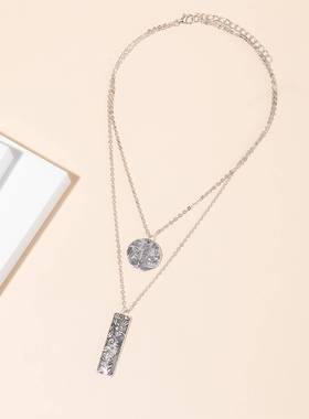 wish跨境欧美新款时尚嘻哈潮牌圆形印花双层项链冷淡潮流风饰品