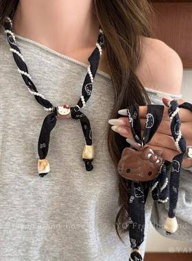 韩系早秋长条腰果花丝巾项链女复古氛围感抽拉配饰独特百搭毛衣链