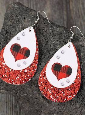 跨境亚马逊新款欧美亮片红色水滴形爱心个性潮流风皮革耳环