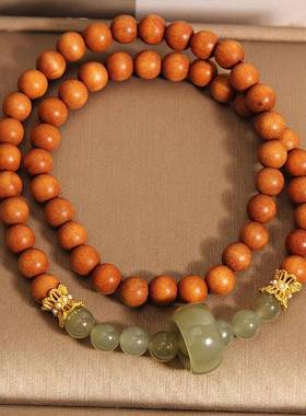 新中式檀木和田玉跑环双圈手串女款轻奢小众精致复古简约玉石手链
