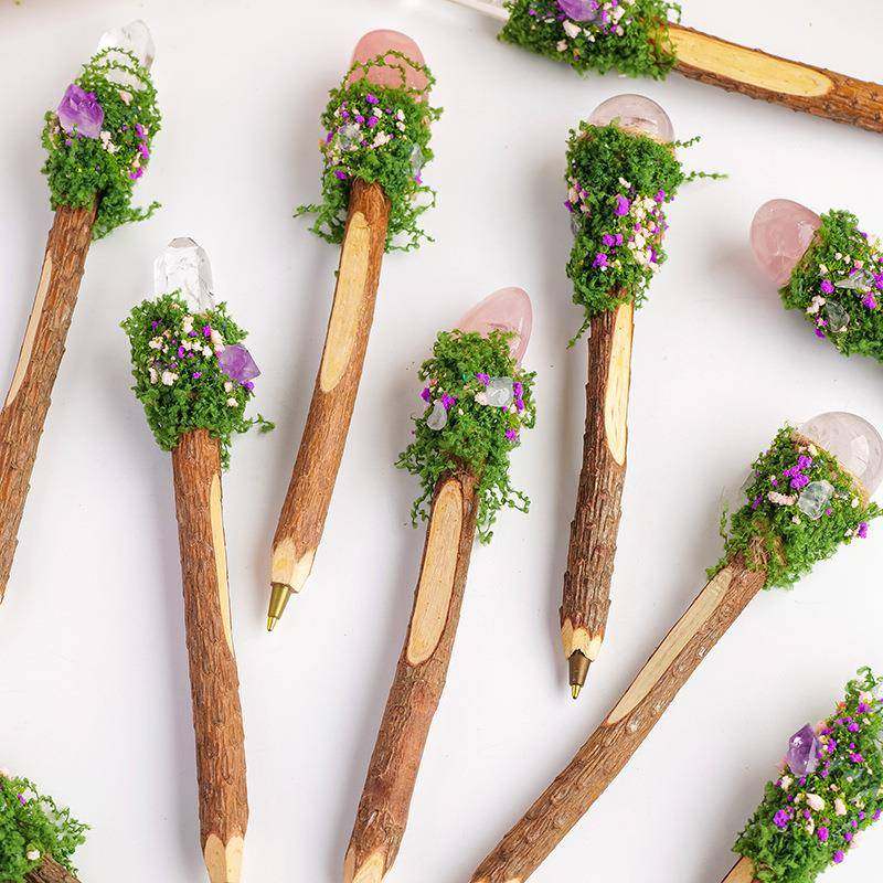 天然水晶球木质圆珠笔白单晶粉水晶原木魔法水晶笔书写签字笔