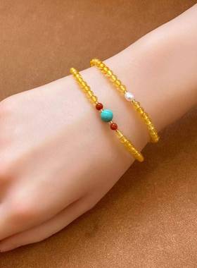 天然蜜蜡手链女款原矿保真琥珀手串多圈俄料金珀diy松石古风饰品