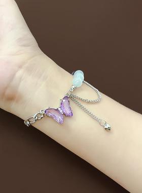 韩版时尚潮款手作手作紫色蝴蝶珍珠链条手链唯美小清新个性手环女