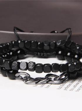亚马逊跨境热卖熔岩火山石精油手链男木珠黑玻璃珠子链条组合手链