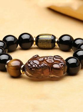 天然冰种黑曜石双貔貅手链冰晶石红玛瑙经文桶珠黄虎眼石男女手串