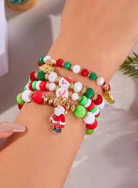 圣诞手链跨境热销彩色亚克力镶钻雪花铃铛弹力串珠手链圣诞礼物