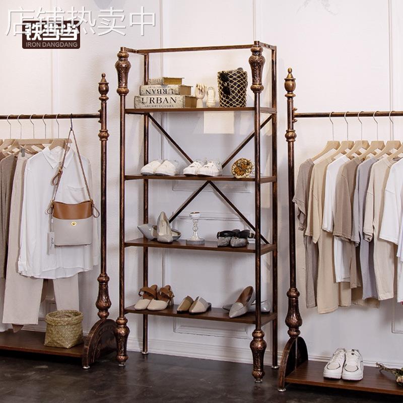 服装店铁艺多层置物架落地式陈列架鞋架包包架子 复古 实木展示架