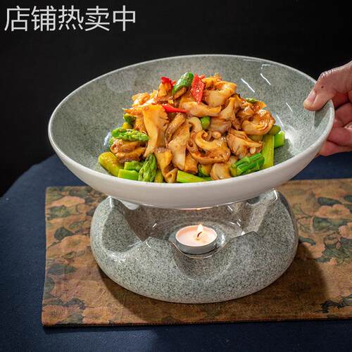 档酒店创意蜡烛加热保温陶瓷明炉带汤汁菜盘子干锅仿石纹餐具碗