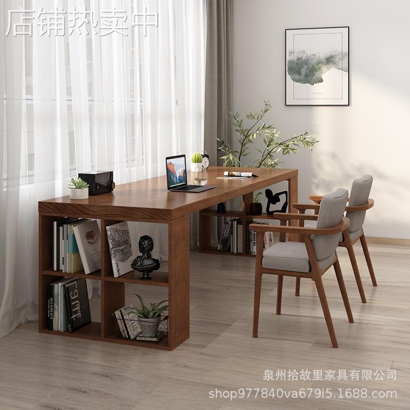 简约现代实木书桌置物架家用设计写字台民宿风长条创意原木电脑桌