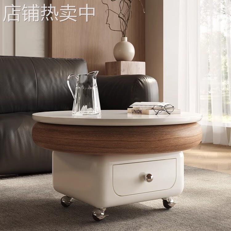 全慕圆雅茶几可移动带轮小户型奶油风边几可升降沙发客厅精致圆形