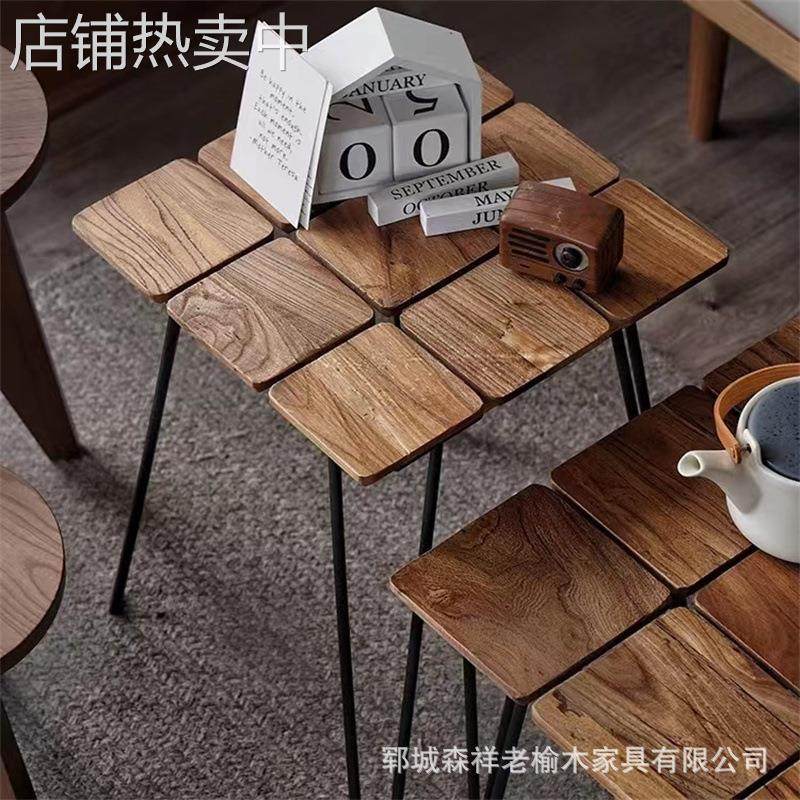 复古老榆木折叠方形茶几小桌原木风沙发边几实木茶桌组合榆木矮桌