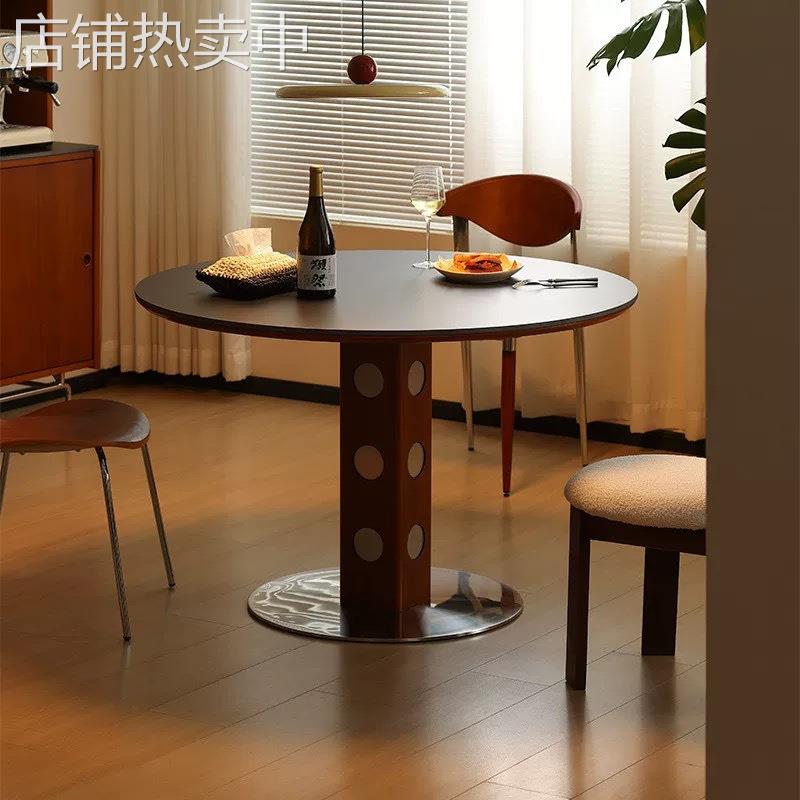 中古风方圆两用岩板餐桌家用小户型圆形实木伸缩折叠餐桌可变圆桌