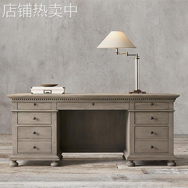 美式乡村复古实木餐桌奢华型欧式家用客厅饭桌长方形罗马柱咖啡桌