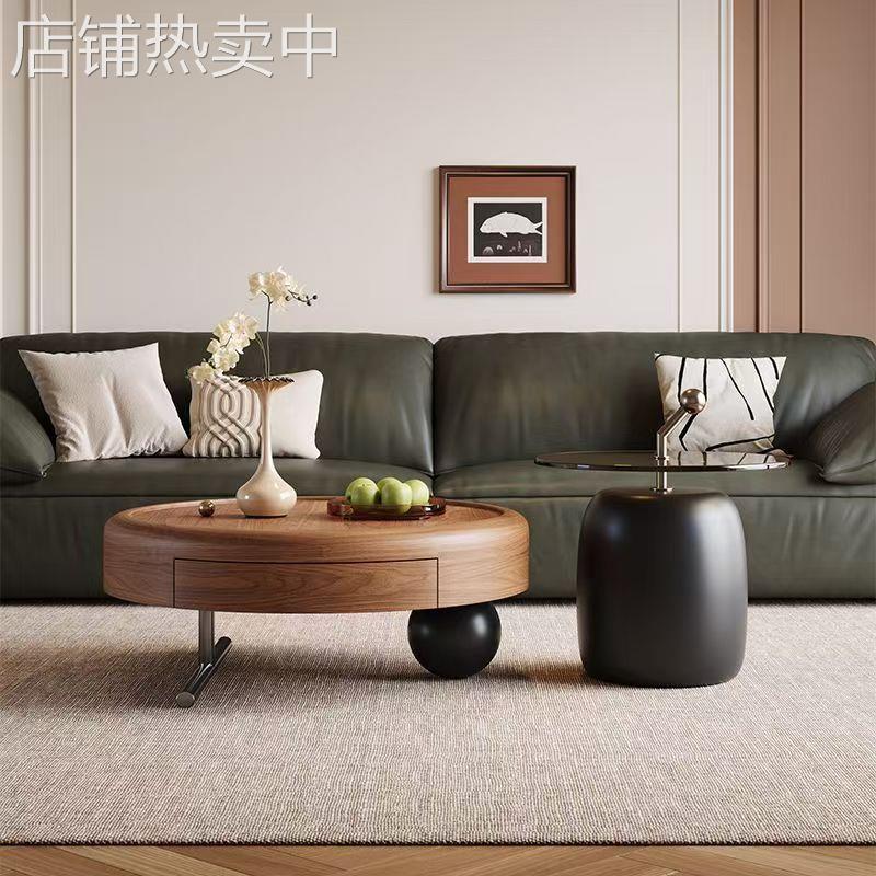 意式实木圆形茶几客厅简约家用轻奢高级小户型设计师古风组合新款