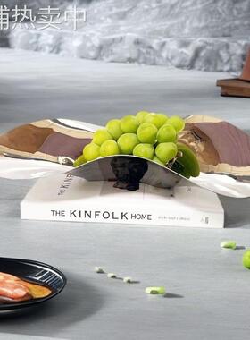 欧式银色304不锈钢不规则流线果盘托盘摆件厨房餐厅样板房软装饰