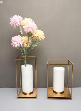 新中式轻奢金属框架大理石花器摆件样板房卧室书房客厅桌面工艺品