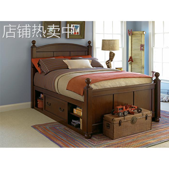 美式实木单人床男孩女孩床1.21.35米简约儿童带抽屉储物床可