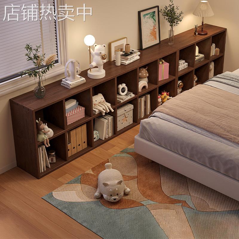床边置物架床头实木格子柜靠墙书柜卧室夹缝落地胡桃色书架展示柜