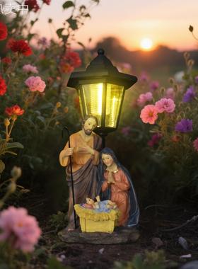 跨境新款圣诞马槽太阳能灯摆件户外阳台草坪花园路径氛围灯雕像