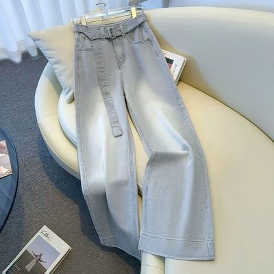 灰白色直筒牛仔裤女春秋2025新款春季高腰垂感小个子显瘦阔腿长裤