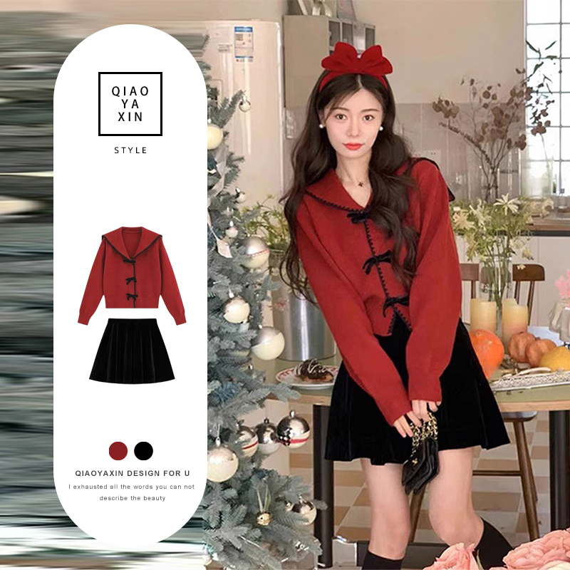 圣诞红色毛衣连衣裙套装入秋冬季小个子搭配一整套深冬高级感穿搭
