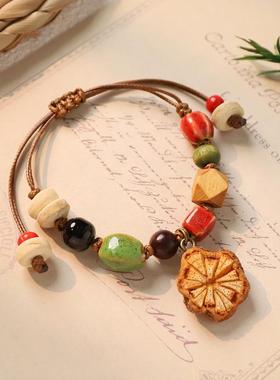 森系复古天然植物果实手链手工编织橡果手绳女小众文艺民族风手串