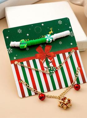 跨境欧美圣诞麋鹿铃铛手链卡通滴油可调节圣诞老人拐杖糖手串