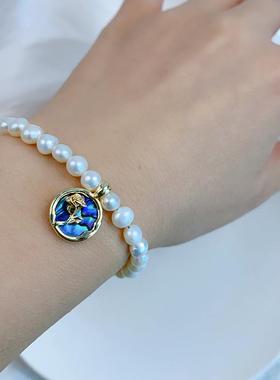 法式黑贝玫瑰珍珠手链小众设计文艺范串珠项链蓝色妖姬造型感饰品