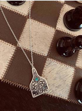 wish跨境欧美新品几何形复古雕刻绿松石吊坠项链