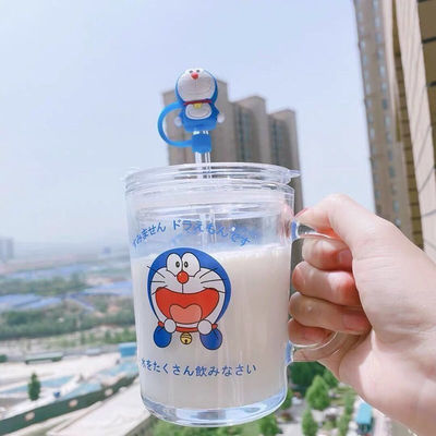 叮当猫吸管杯儿童牛奶带把手刻度玻璃杯早餐牛奶杯茶水杯饮料