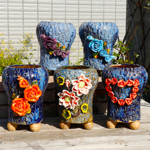 麦饭石手绘手捏花盆 粗颗粒多肉花盆 老桩盆拼盘群生盆精美