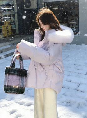 淡浅紫色毛领羽绒服女小个子2026巨好看冬装韩系加厚90白鸭绒外套