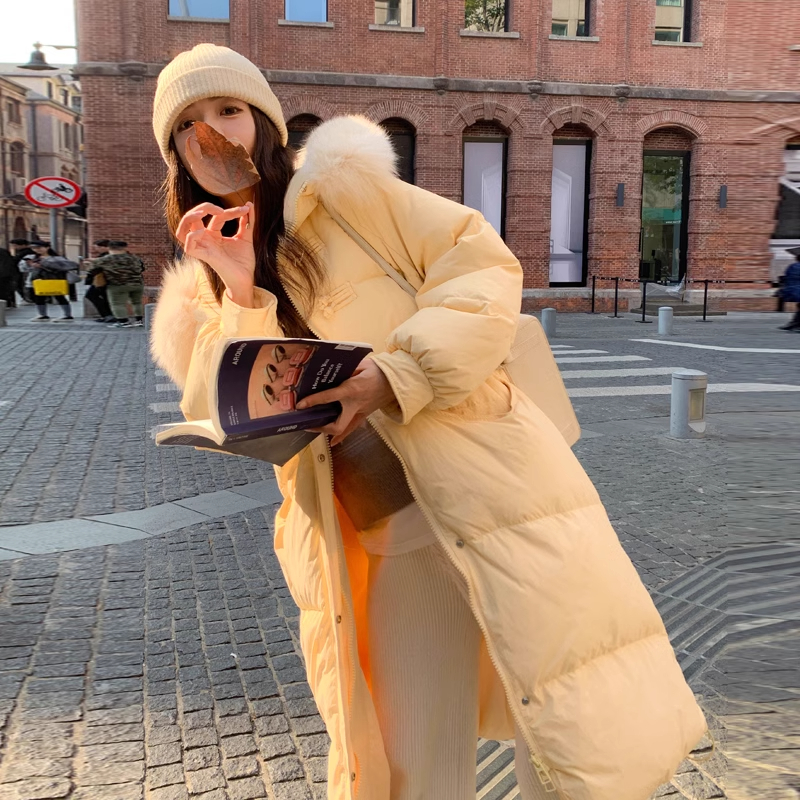 奶fufu黄色羽绒服女中长款大毛领外套2025冬季韩版宽松加厚面包服