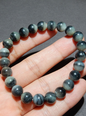 【青花籽料手串】新疆和田玉 8mm 聚宝盆圆珠手串 油润单圈手饰